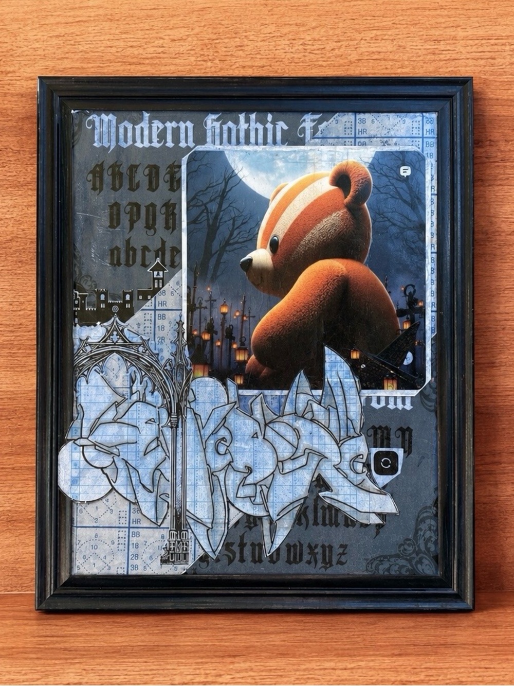 EYESORE Goth Bear Framed Mixed Media Artwork Pop Surrealism 16.5”
